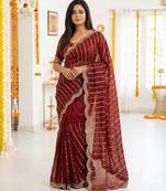 maroon satin embroidered saree with blouse