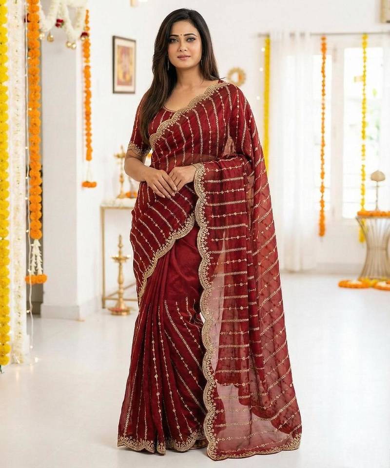 maroon satin embroidered saree with blouse