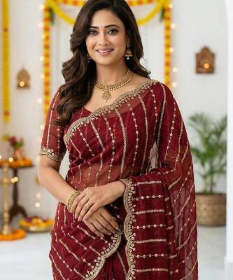 maroon satin embroidered saree with blouse 2