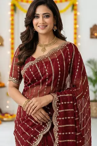 maroon satin embroidered saree with blouse