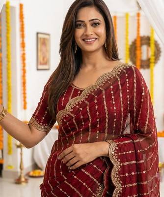 maroon satin embroidered saree with blouse 3