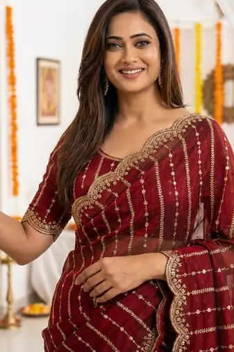 maroon satin embroidered saree with blouse