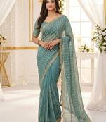 sea green satin embroidered saree with blouse