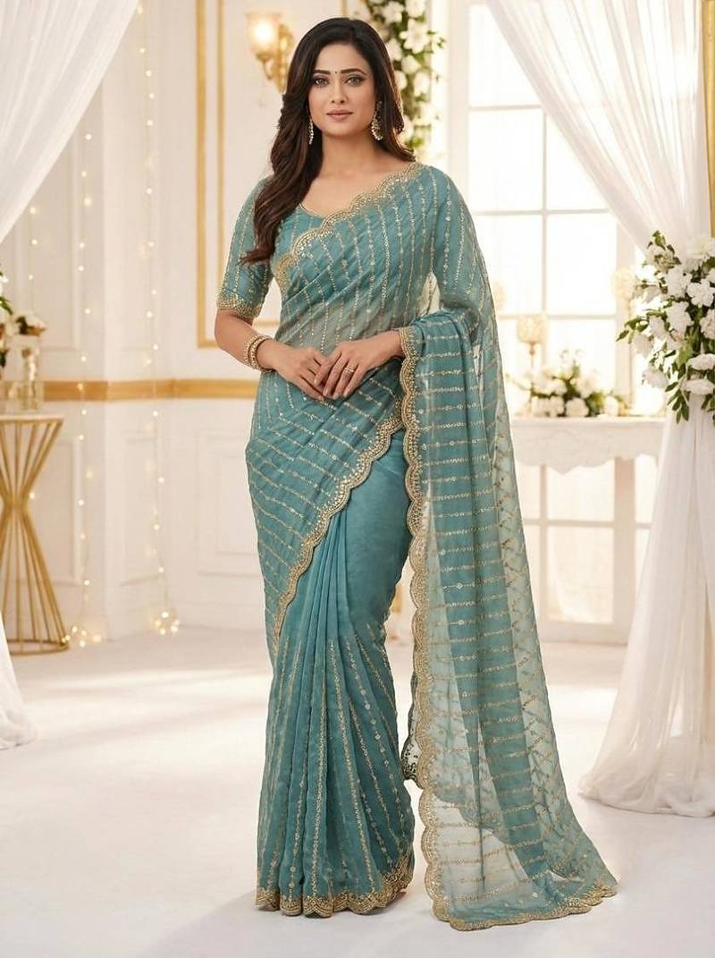 sea green satin embroidered saree with blouse