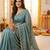 sea green satin embroidered saree with blouse