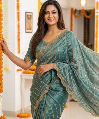 sea green satin embroidered saree with blouse 4
