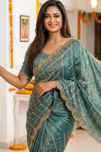 sea green satin embroidered saree with blouse