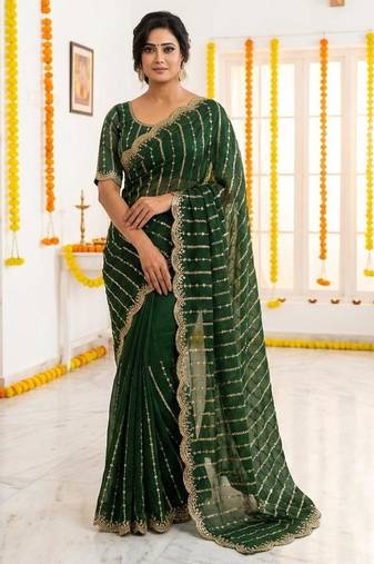 green satin embroidered saree with blouse