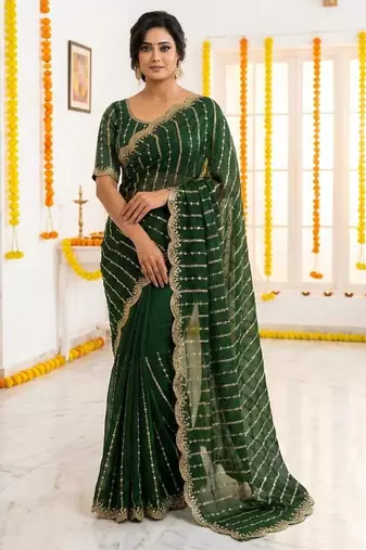green satin embroidered saree with blouse