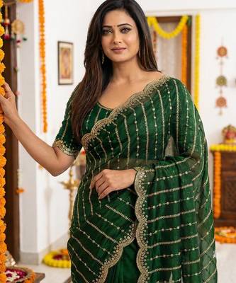 green satin embroidered saree with blouse 2