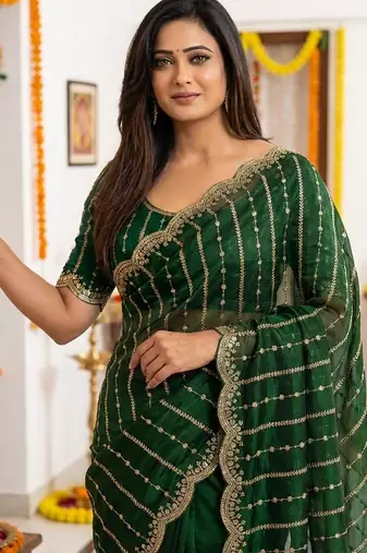 green satin embroidered saree with blouse