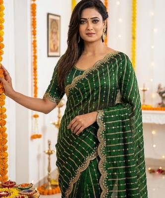 green satin embroidered saree with blouse 3