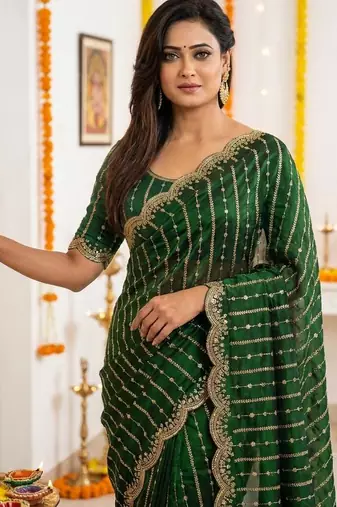 green satin embroidered saree with blouse