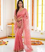 light pink satin embroidered saree with blouse