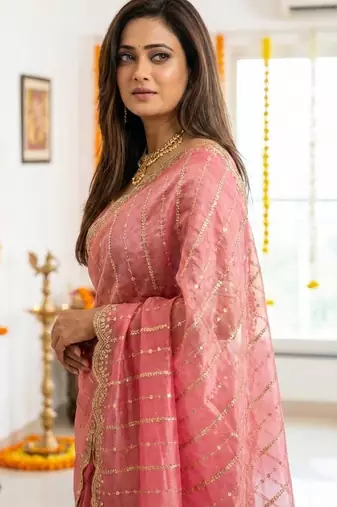 light pink satin embroidered saree with blouse