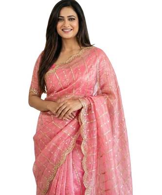 light pink satin embroidered saree with blouse 3