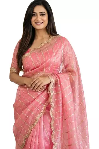 light pink satin embroidered saree with blouse