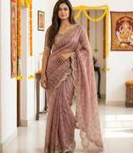 violet satin embroidered saree with blouse