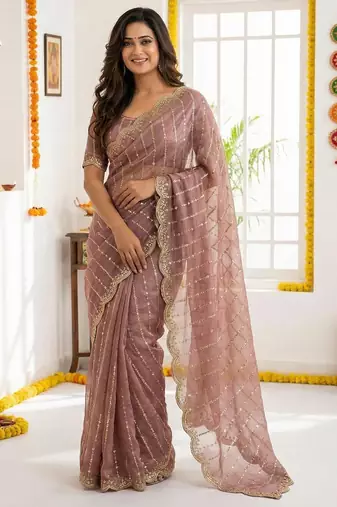 violet satin embroidered saree with blouse