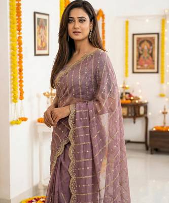 violet satin embroidered saree with blouse 3