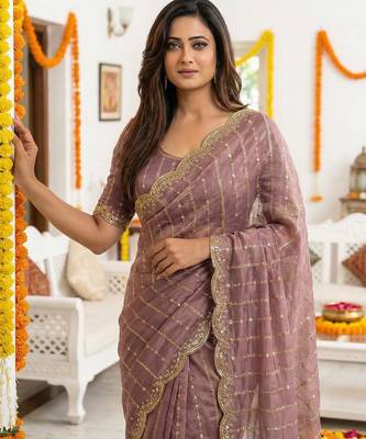 violet satin embroidered saree with blouse 4