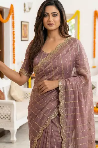 violet satin embroidered saree with blouse