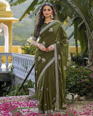 mehendi green star georgette embroidered saree with blouse 1