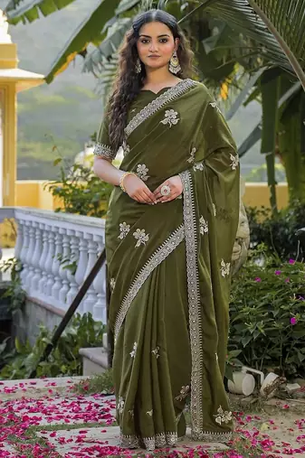 mehendi green star georgette embroidered saree with blouse
