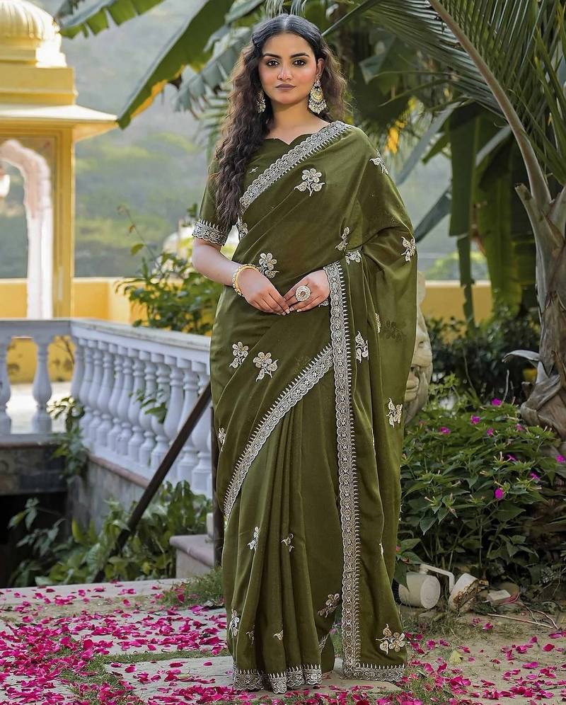 mehendi green star georgette embroidered saree with blouse