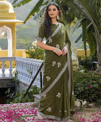mehendi green star georgette embroidered saree with blouse 2