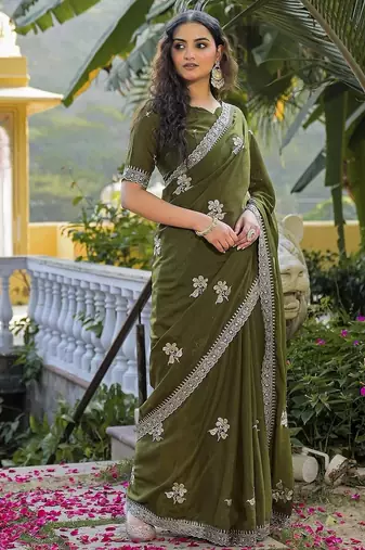 mehendi green star georgette embroidered saree with blouse