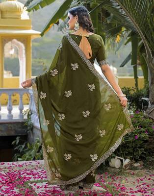 mehendi green star georgette embroidered saree with blouse 3