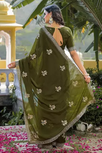 mehendi green star georgette embroidered saree with blouse