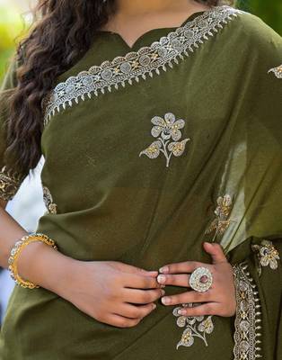 mehendi green star georgette embroidered saree with blouse 4