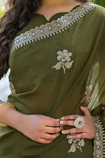 mehendi green star georgette embroidered saree with blouse