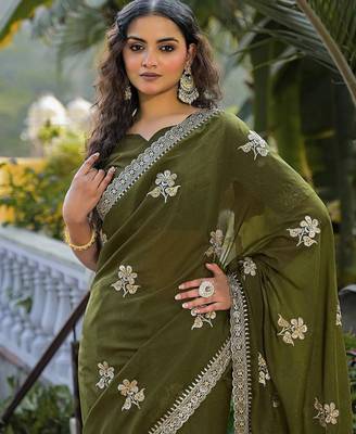 mehendi green star georgette embroidered saree with blouse 5