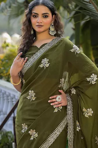 mehendi green star georgette embroidered saree with blouse