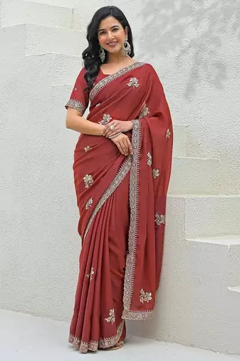 rust star georgette embroidered saree with blouse