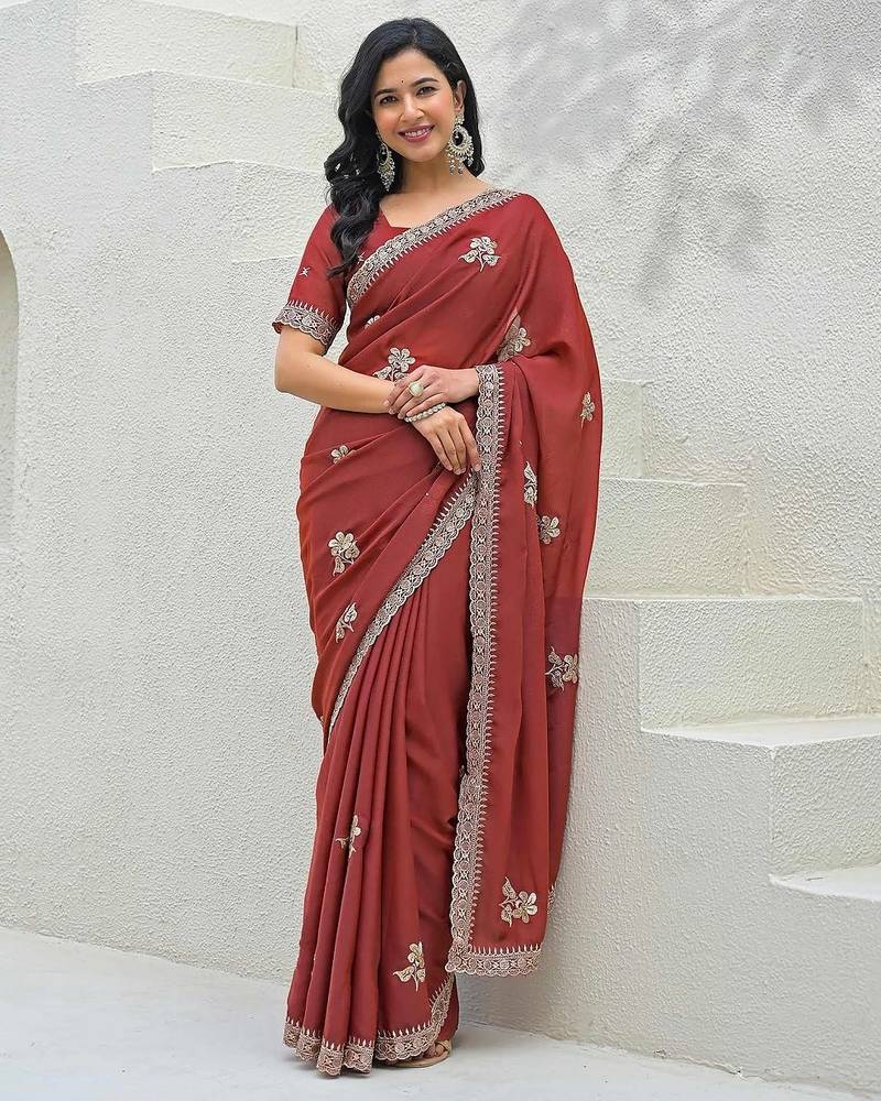 rust star georgette embroidered saree with blouse