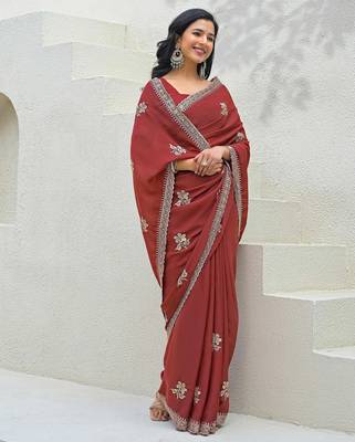 rust star georgette embroidered saree with blouse 2