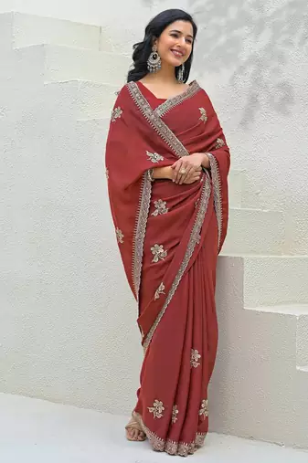 rust star georgette embroidered saree with blouse