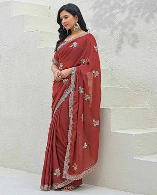 rust star georgette embroidered saree with blouse 3