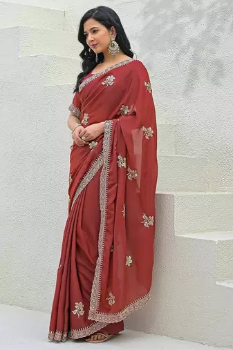 rust star georgette embroidered saree with blouse