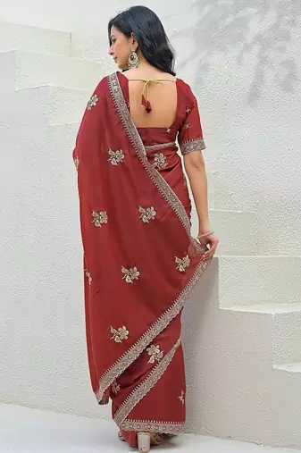 rust star georgette embroidered saree with blouse