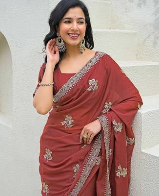 rust star georgette embroidered saree with blouse 5