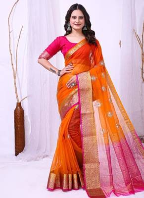 orange organza embroidered & jacquard border saree with blouse 1