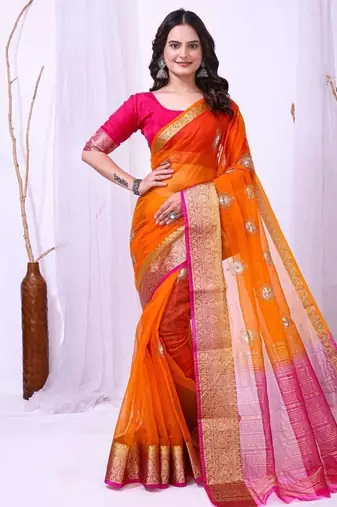 orange organza embroidered & jacquard border saree with blouse