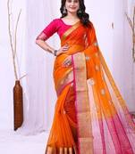 orange organza embroidered & jacquard border saree with blouse