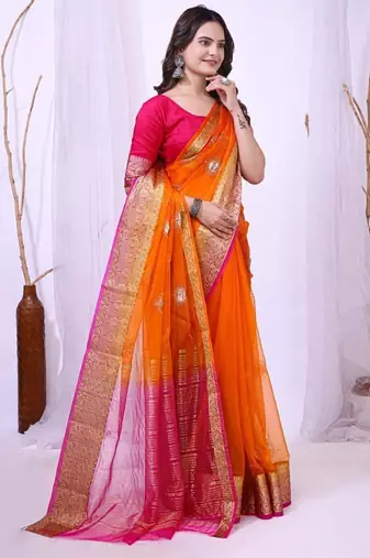 orange organza embroidered & jacquard border saree with blouse