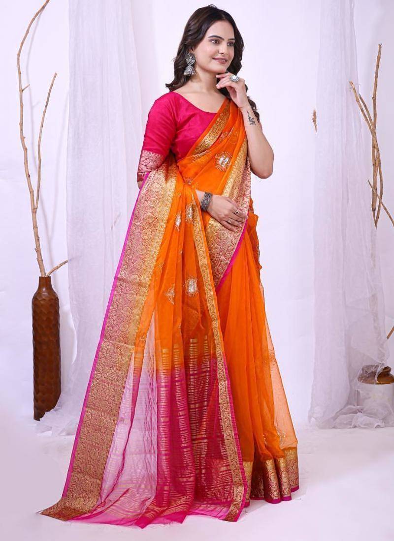 orange organza embroidered & jacquard border saree with blouse